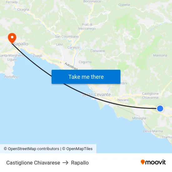 Castiglione Chiavarese to Rapallo map