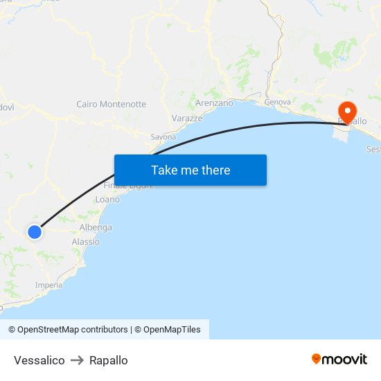 Vessalico to Rapallo map