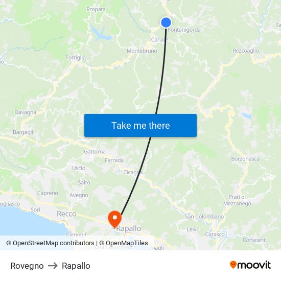 Rovegno to Rapallo map