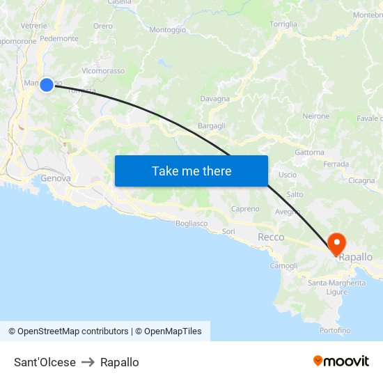 Sant'Olcese to Rapallo map