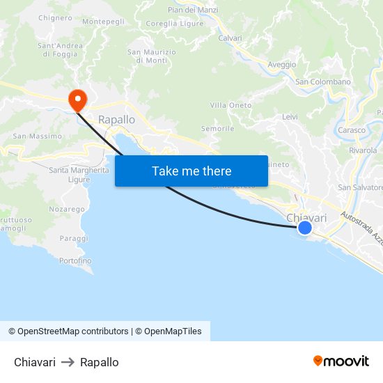 Chiavari to Rapallo map