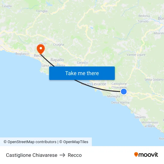 Castiglione Chiavarese to Recco map