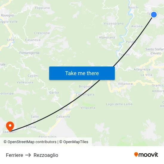 Ferriere to Rezzoaglio map