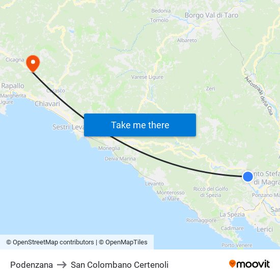 Podenzana to San Colombano Certenoli map