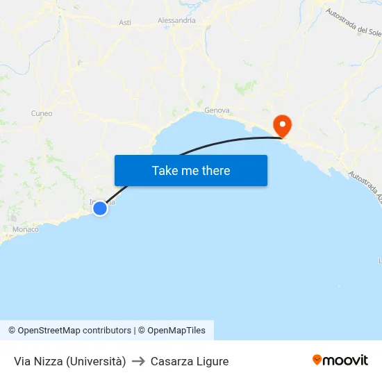Via Nizza (University) to Casarza Ligure map