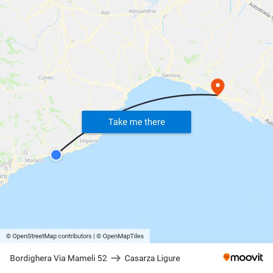 Bordighera Via Mameli 52 to Casarza Ligure map