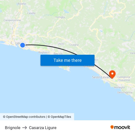 Brignole to Casarza Ligure map