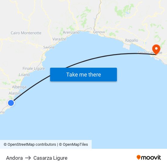 Andora to Casarza Ligure map