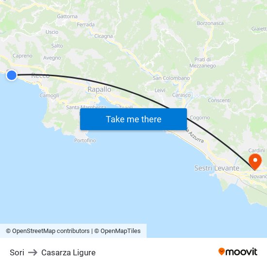 Sori to Casarza Ligure map