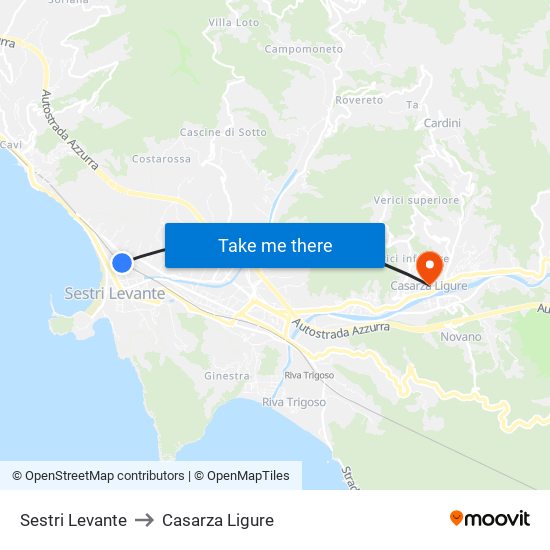 Sestri Levante to Casarza Ligure map