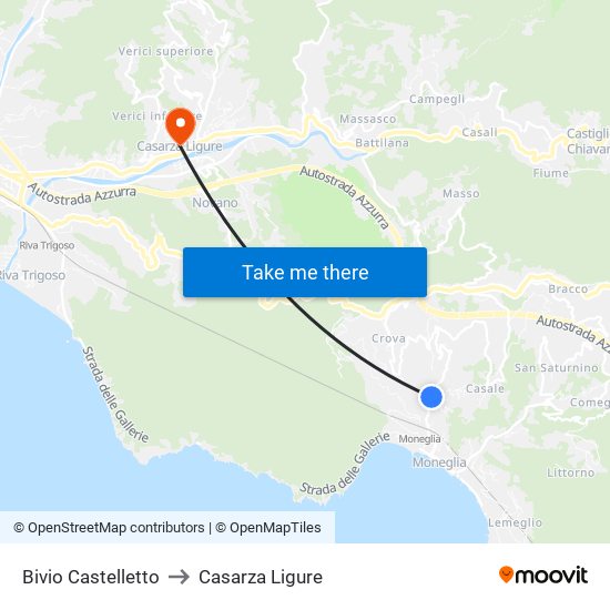 Bivio Castelletto to Casarza Ligure map