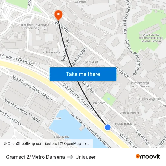 Gramsci 2/Metrò Darsena to Uniauser map