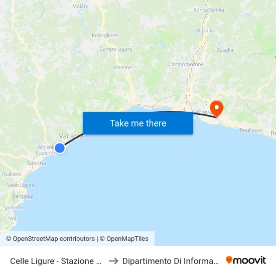 Celle Ligure - Stazione FS (Largo Giolitti) to Dipartimento Di Informatica E Matematica map