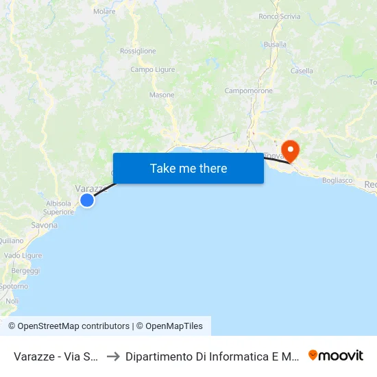 Varazze - Via Savona to Dipartimento Di Informatica E Matematica map