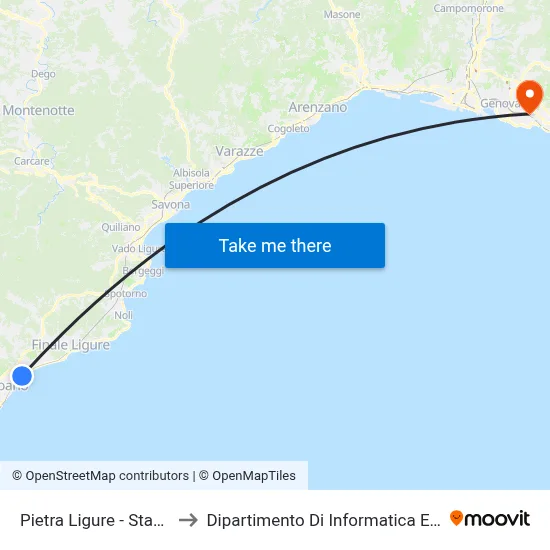 Pietra Ligure - Stazione F.S. to Dipartimento Di Informatica E Matematica map
