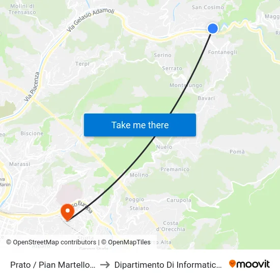 Prato / Pian Martello (Capolinea) to Dipartimento Di Informatica E Matematica map