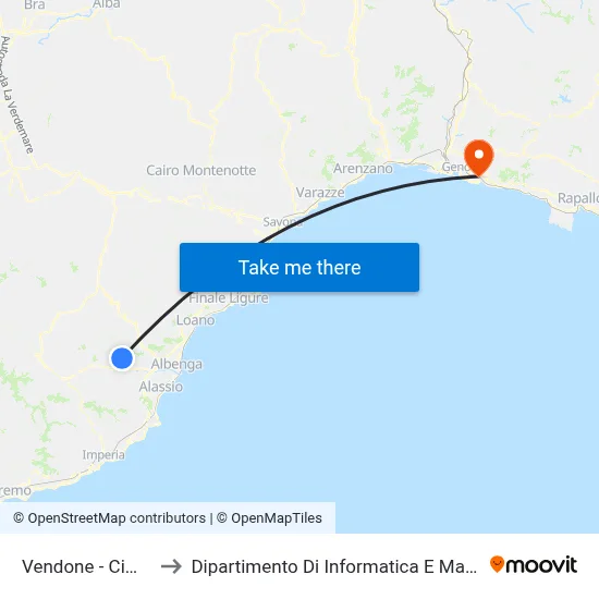 Vendone - Cemetery to Department of Computer Science and Mathematics map