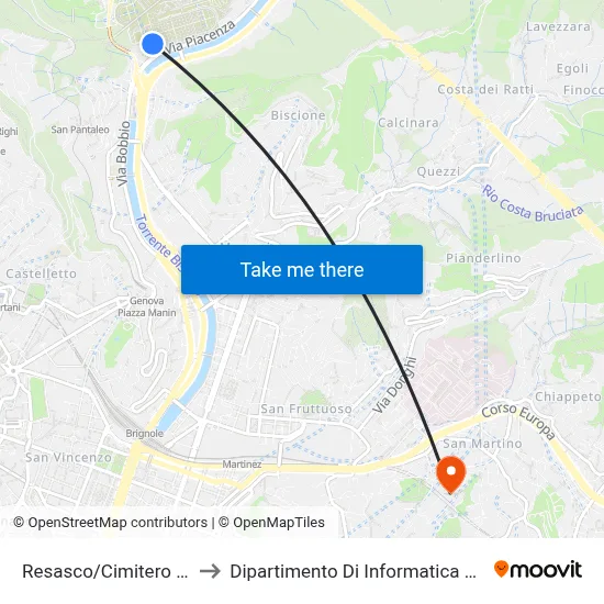 Resasco/Staglieno Cemetery to Department of Computer Science and Mathematics map