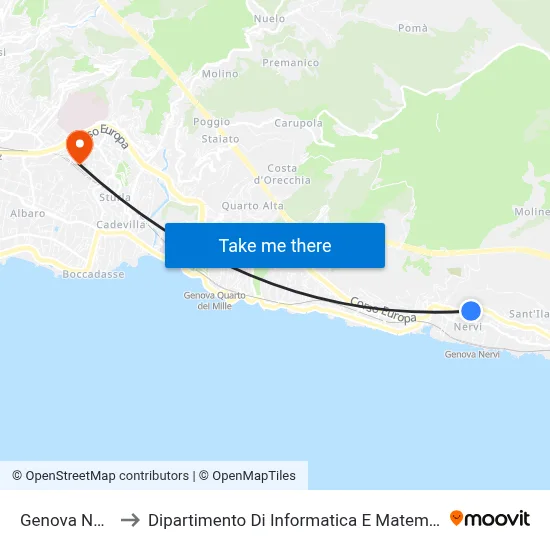 Genoa Nervi to Department of Computer Science and Mathematics map