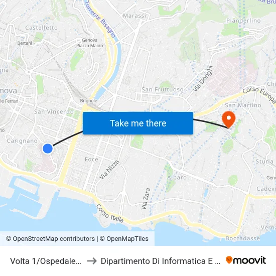 Volta 1/Galliera Hospital to Department of Computer Science and Mathematics map