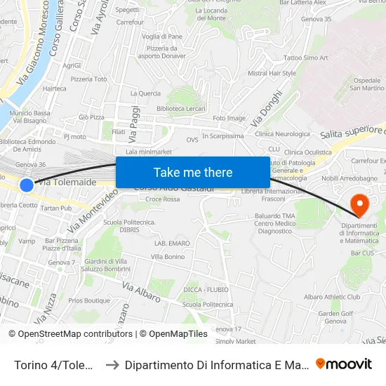 Torino 4/Tolemaide to Dipartimento Di Informatica E Matematica map