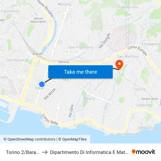 Turin 2/Barabino to Department of Computer Science and Mathematics map