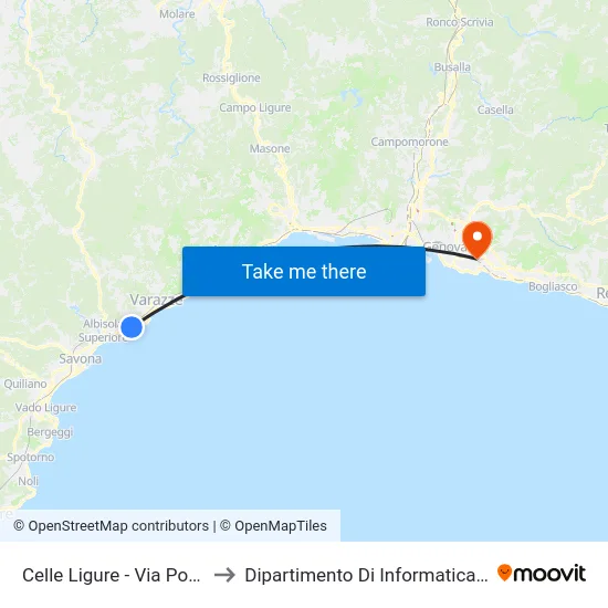 Celle Ligure - Via Poggi (Centro) to Dipartimento Di Informatica E Matematica map