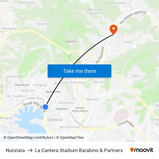 Nunziata to La Cantera Stadium Barabino & Partners map