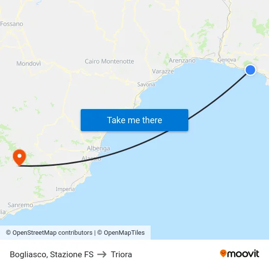 Bogliasco, Stazione FS to Triora map