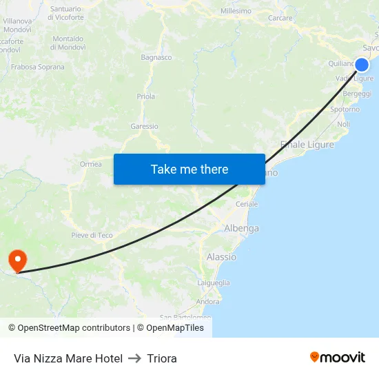 Via Nizza Mare Hotel to Triora map