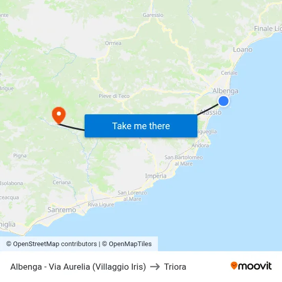 Albenga - Via Aurelia (Villaggio Iris) to Triora map