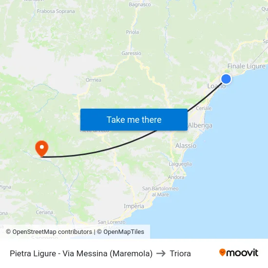 Pietra Ligure - Via Messina (Maremola) to Triora map