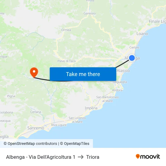 Albenga - Via Dell'Agricoltura 1 to Triora map