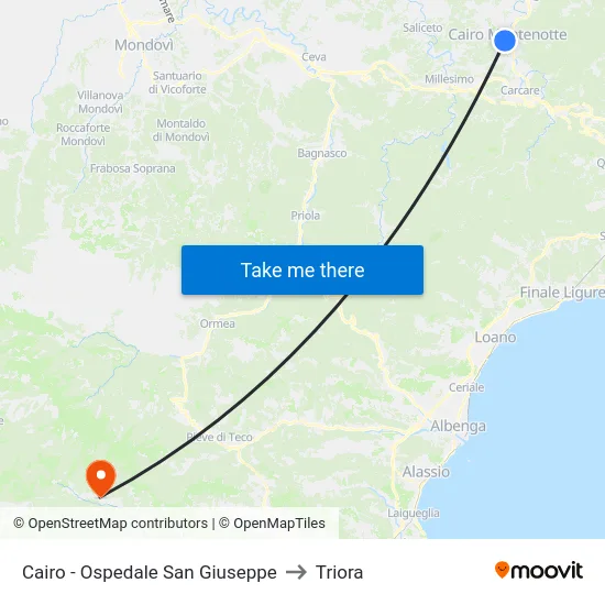 Cairo - Ospedale San Giuseppe to Triora map