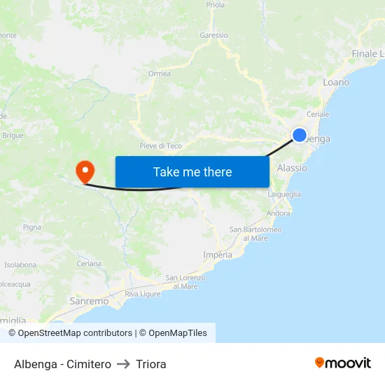 Albenga - Cimitero to Triora map