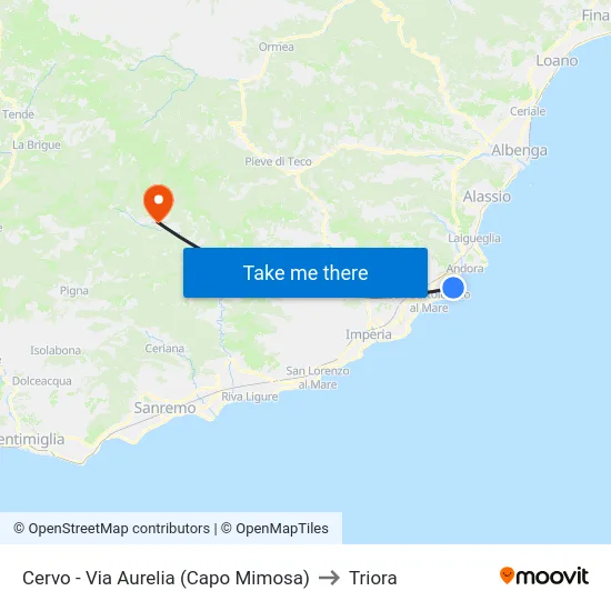 Cervo - Via Aurelia (Capo Mimosa) to Triora map