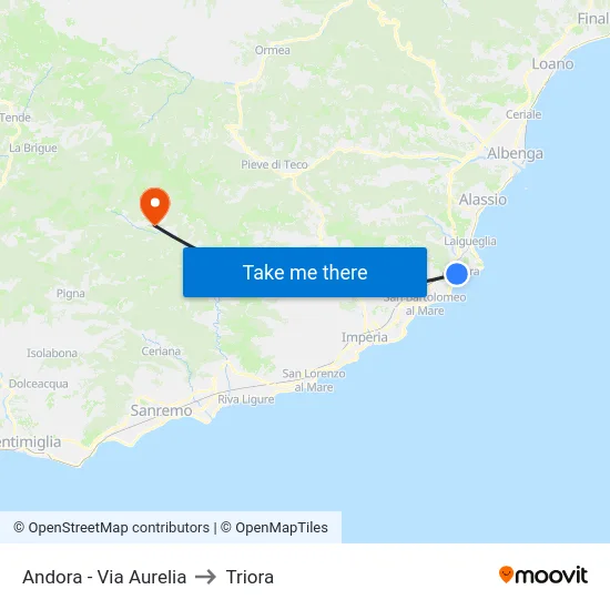 Andora - Via Aurelia to Triora map