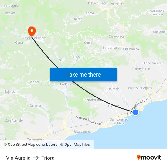 Via Aurelia to Triora map
