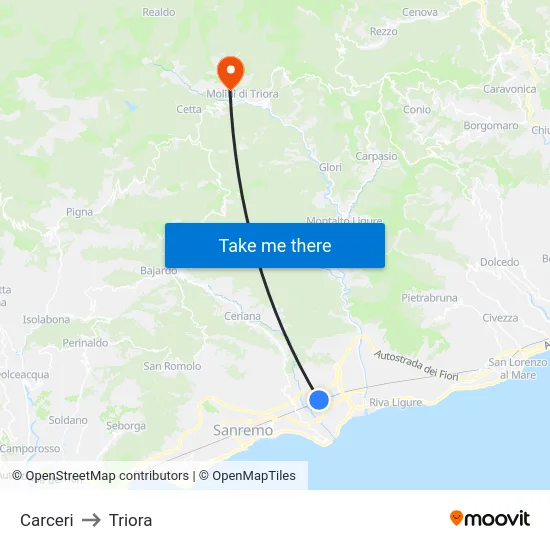 Carceri to Triora map