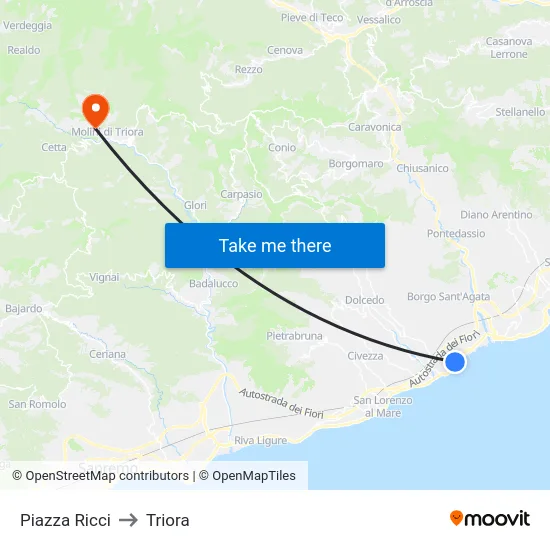 Piazza Ricci to Triora map