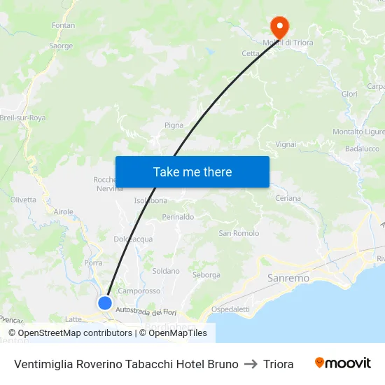 Ventimiglia Roverino Tabacchi Hotel Bruno to Triora map