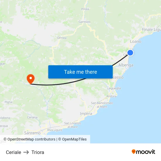 Ceriale to Triora map