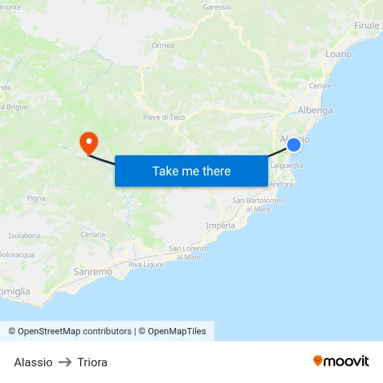 Alassio to Triora map