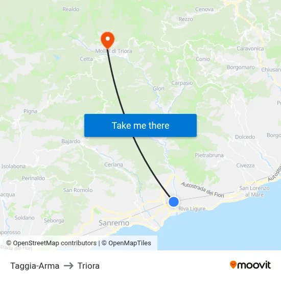 Taggia-Arma to Triora map