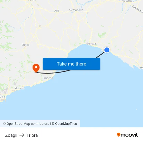 Zoagli to Triora map
