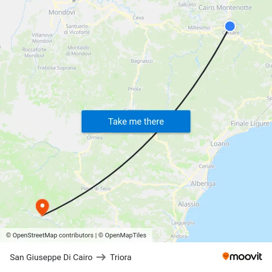 San Giuseppe Di Cairo to Triora map