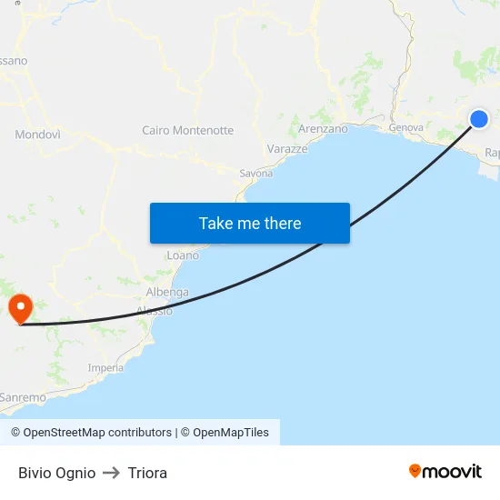 Bivio Ognio to Triora map