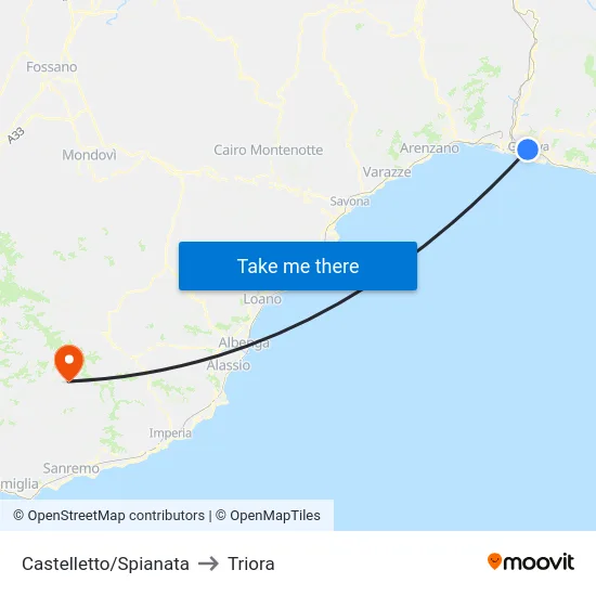 Castelletto/Spianata to Triora map