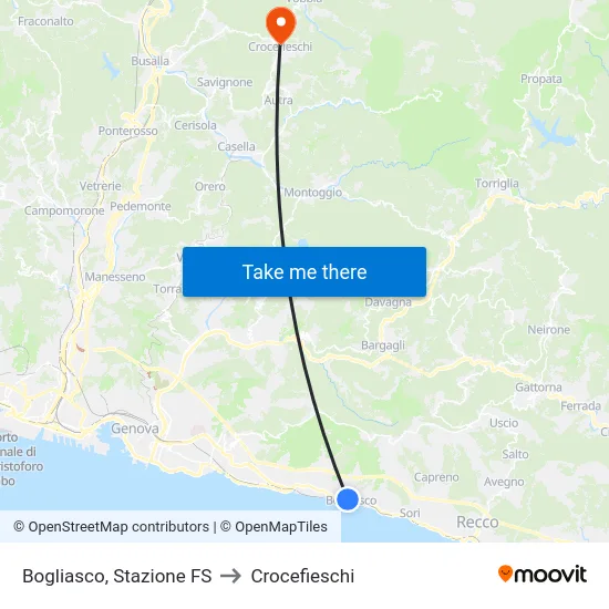 Bogliasco, Stazione FS to Crocefieschi map