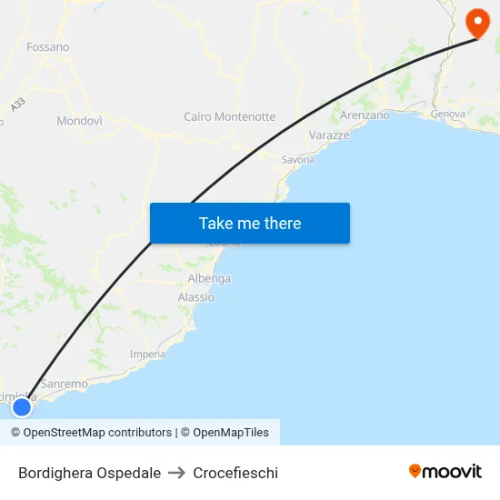 Bordighera Hospital to Crocefieschi map